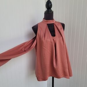 T.D.C. Women's Top Pink Cold Shoulder Long Sleeve Blouse Shirt Satin Sz L